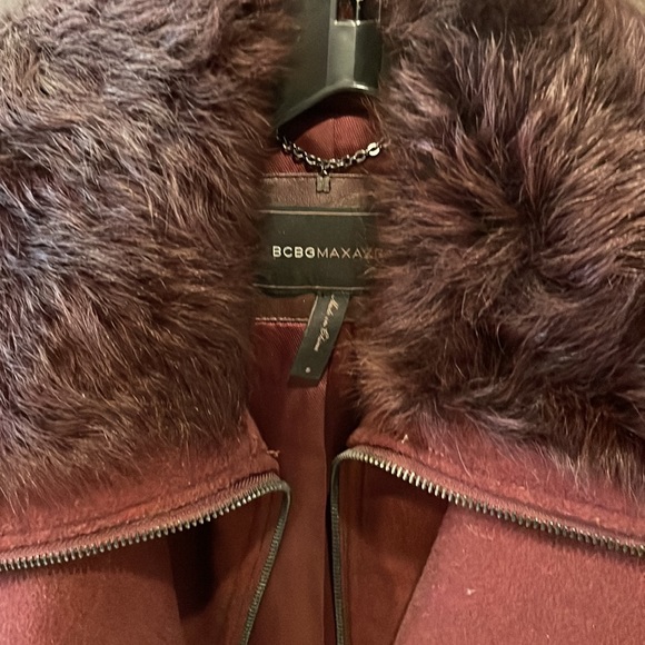 Bcbg Burgundy Wool Fur Neck Trim Coat Jacket Sz S - Picture 2 of 5